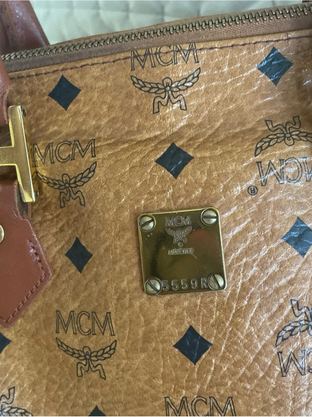 MCM Cognac Visetos Monogram Satchel with Brown Leather Handles
